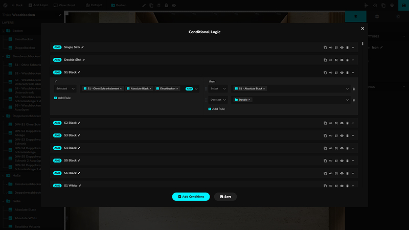 WP Configurator Pro backend showing conditional logic