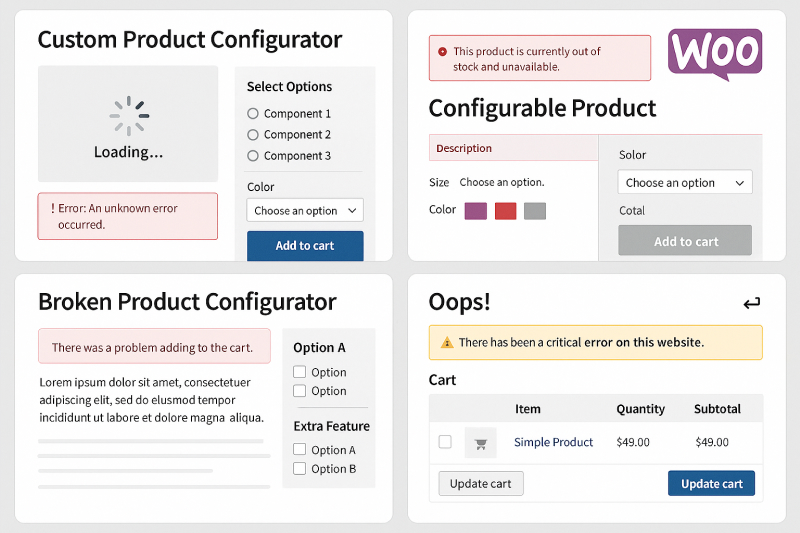 Screenshots of broken WooCommerce configurators showing common failure modes and error messages