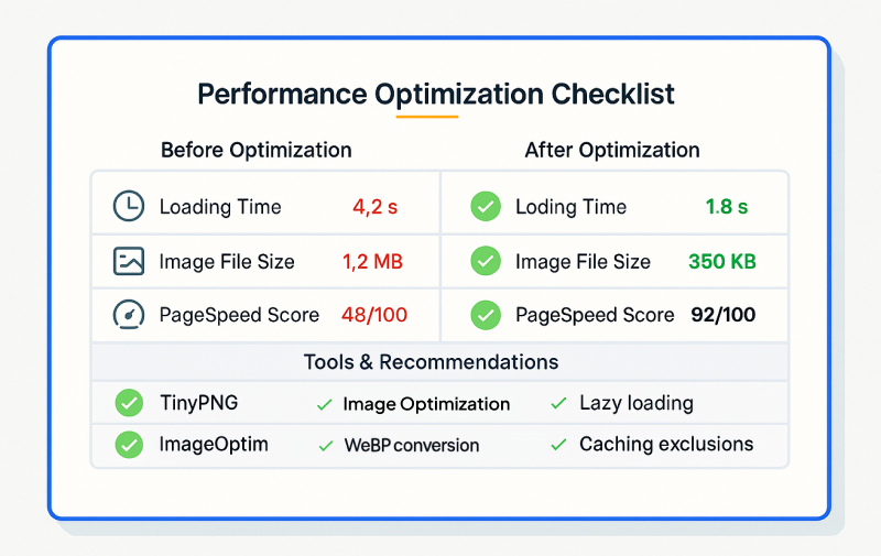 Performance optimization checklist with before/after loading times